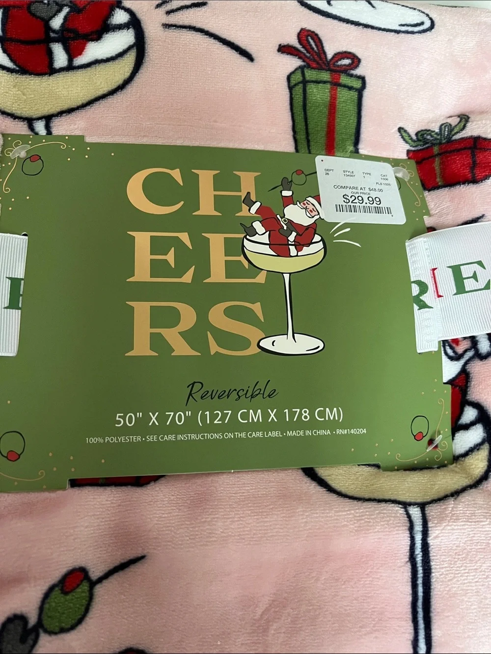 CHEERS! Reversible Pink Santa Pattern Blanket! Soft! Cute!